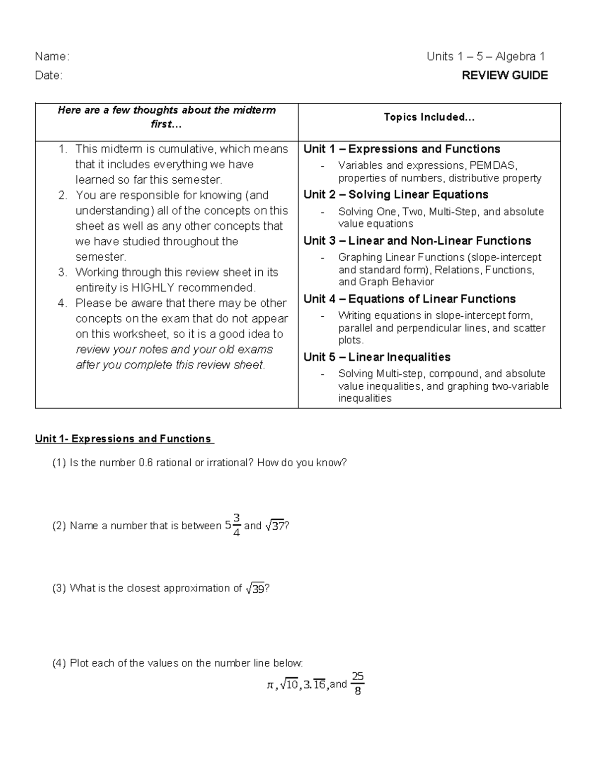 Algebra+1+-+Midterm+ Guide - Name: Units 1 – 5 – Algebra 1 Date: REVIEW ...