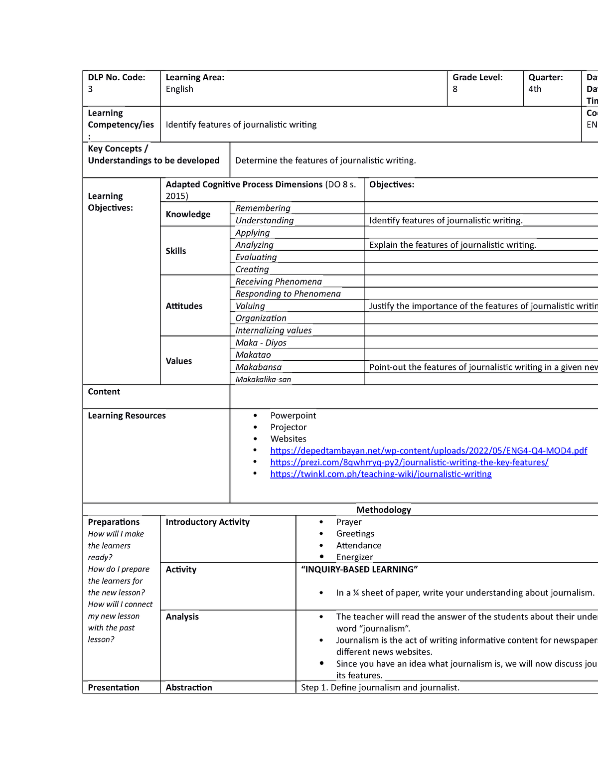 Lesson PLAN 3 - DLP No. Code: 3 Learning Area: English Grade Level: 8 ...