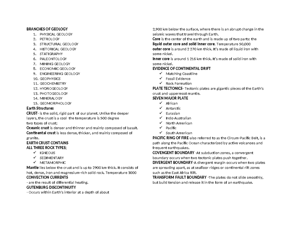 Geology Notes - >.. - BRANCHES OF GEOLOGY 1. PHYSICAL GEOLOGY 2 ...