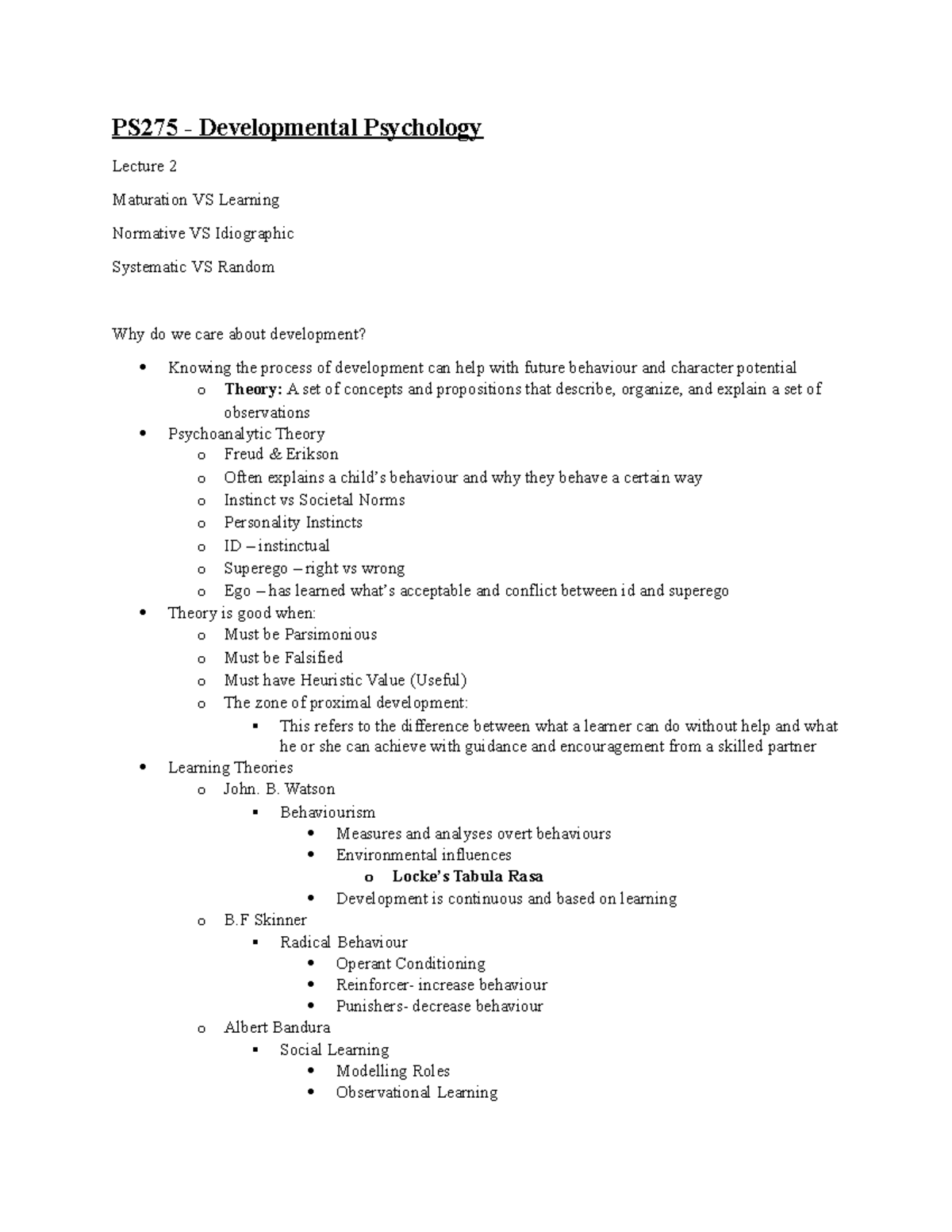 PS275 Notes - second lecture - PS275 - Developmental Psychology Lecture ...