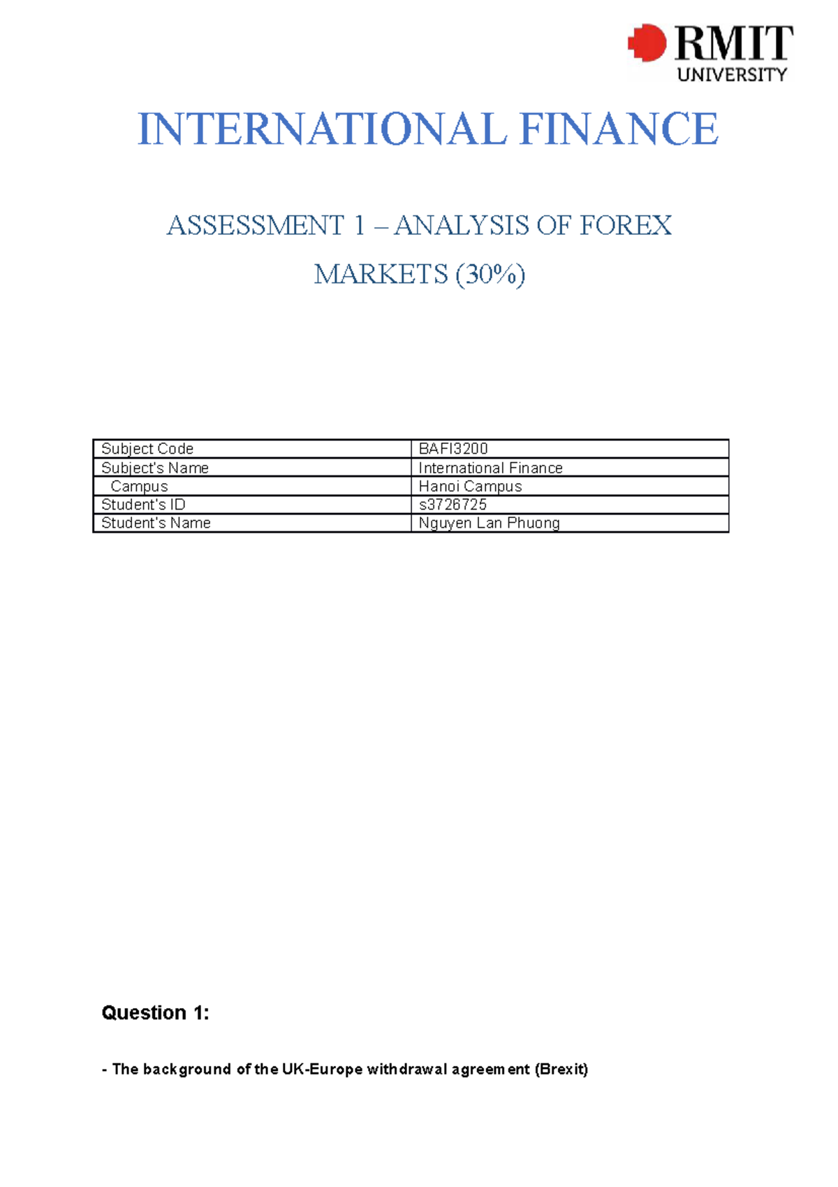 Assignment 1 Analysis of Forex Markets 30% (Individual Assessment ...