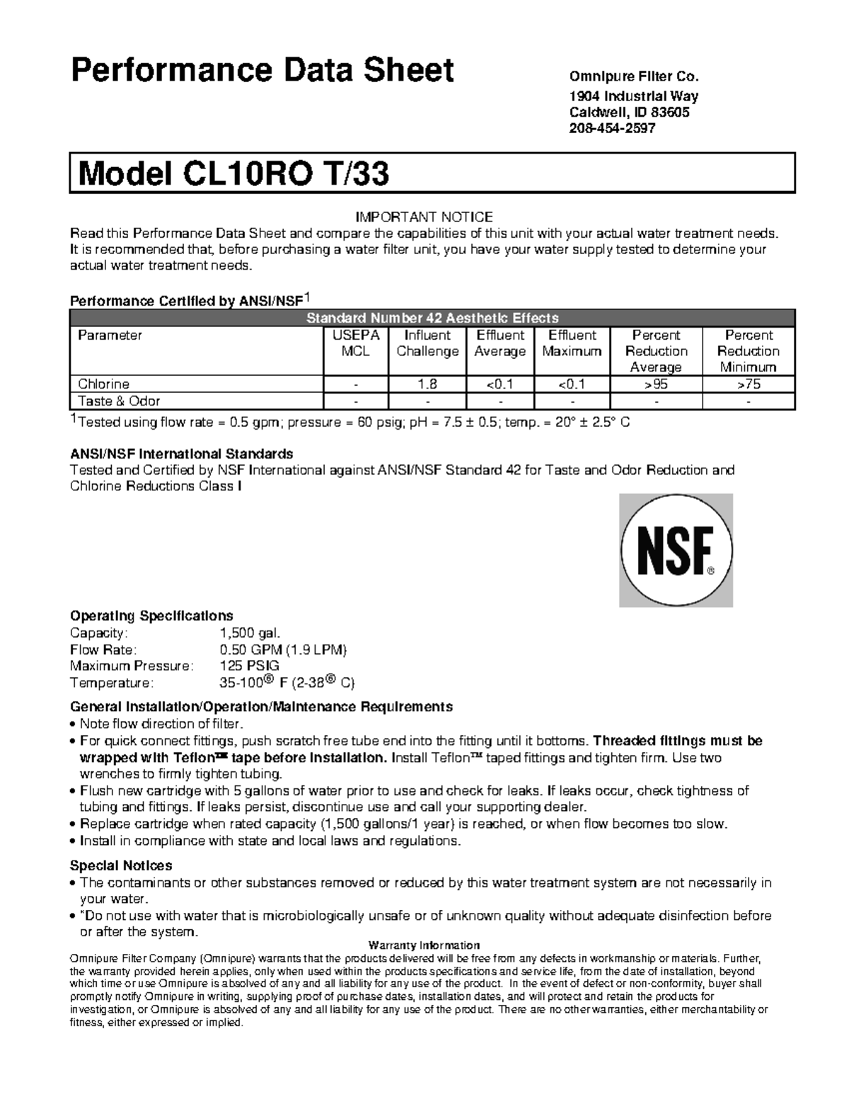 Filter omnipure Data Sheets CL10 CL10RO T33 filtro de agua ...