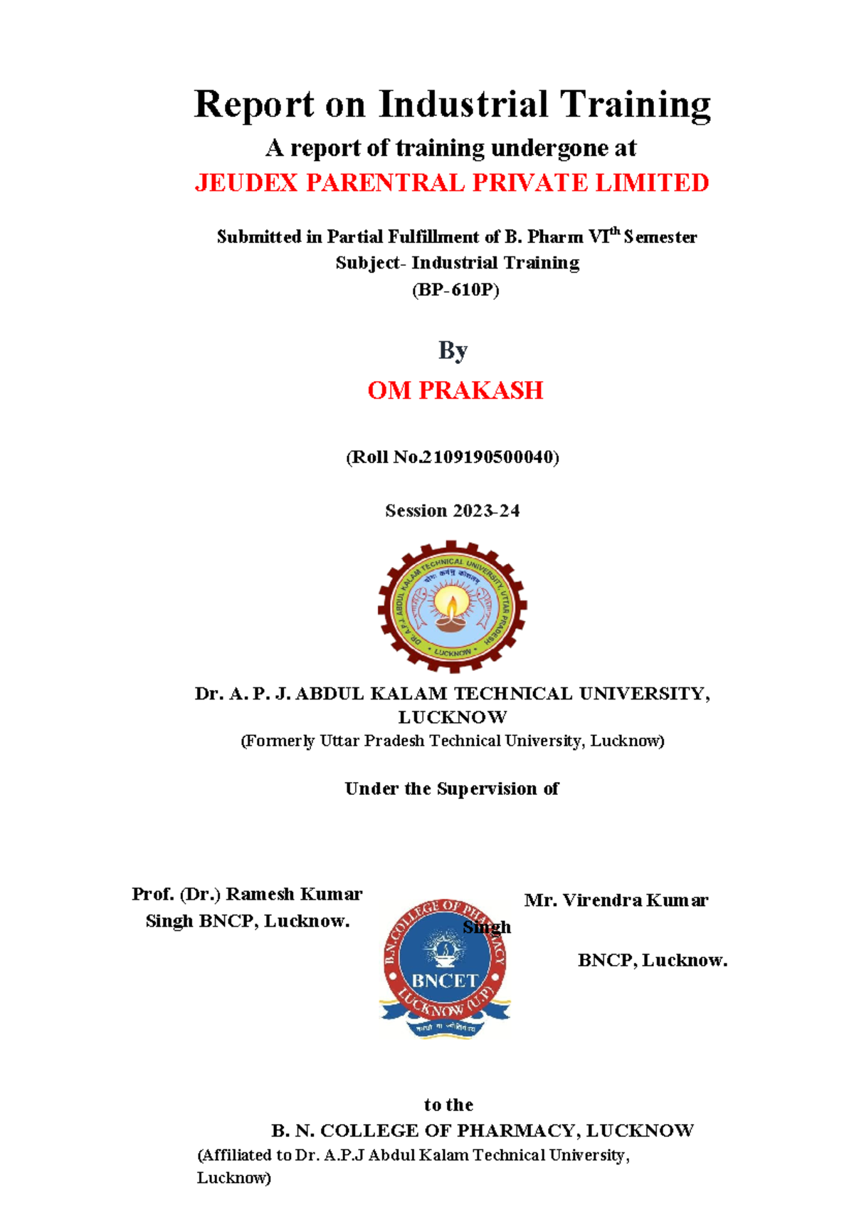 Report on Industrial Training format - Report on Industrial Training A ...