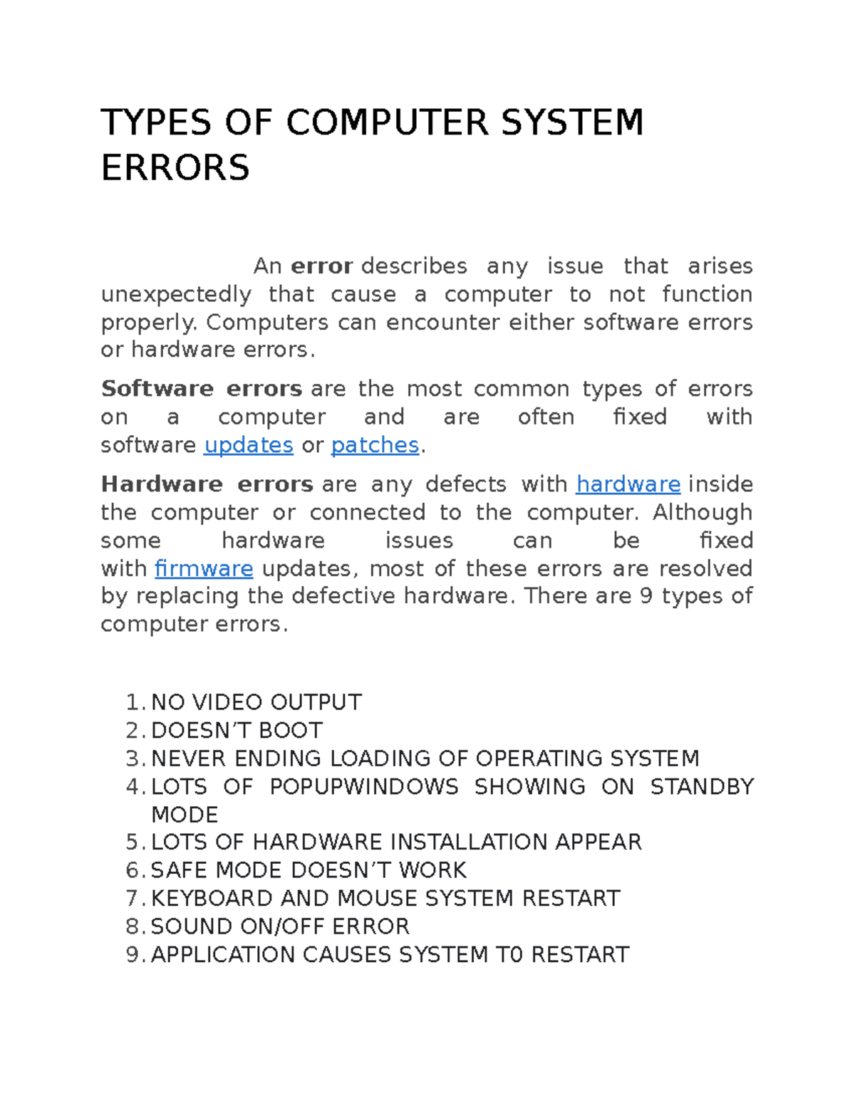 Types Of Computer System Errors