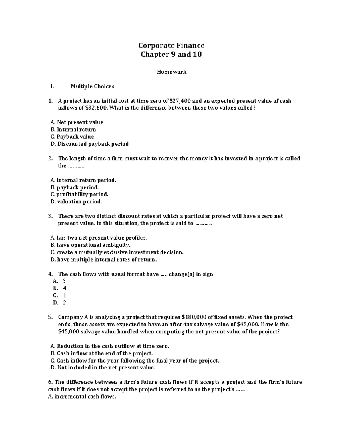 HW Chap9&10 - Bai Tap Ve Nha - Corporate Finance Chapter 9 And 10 ...