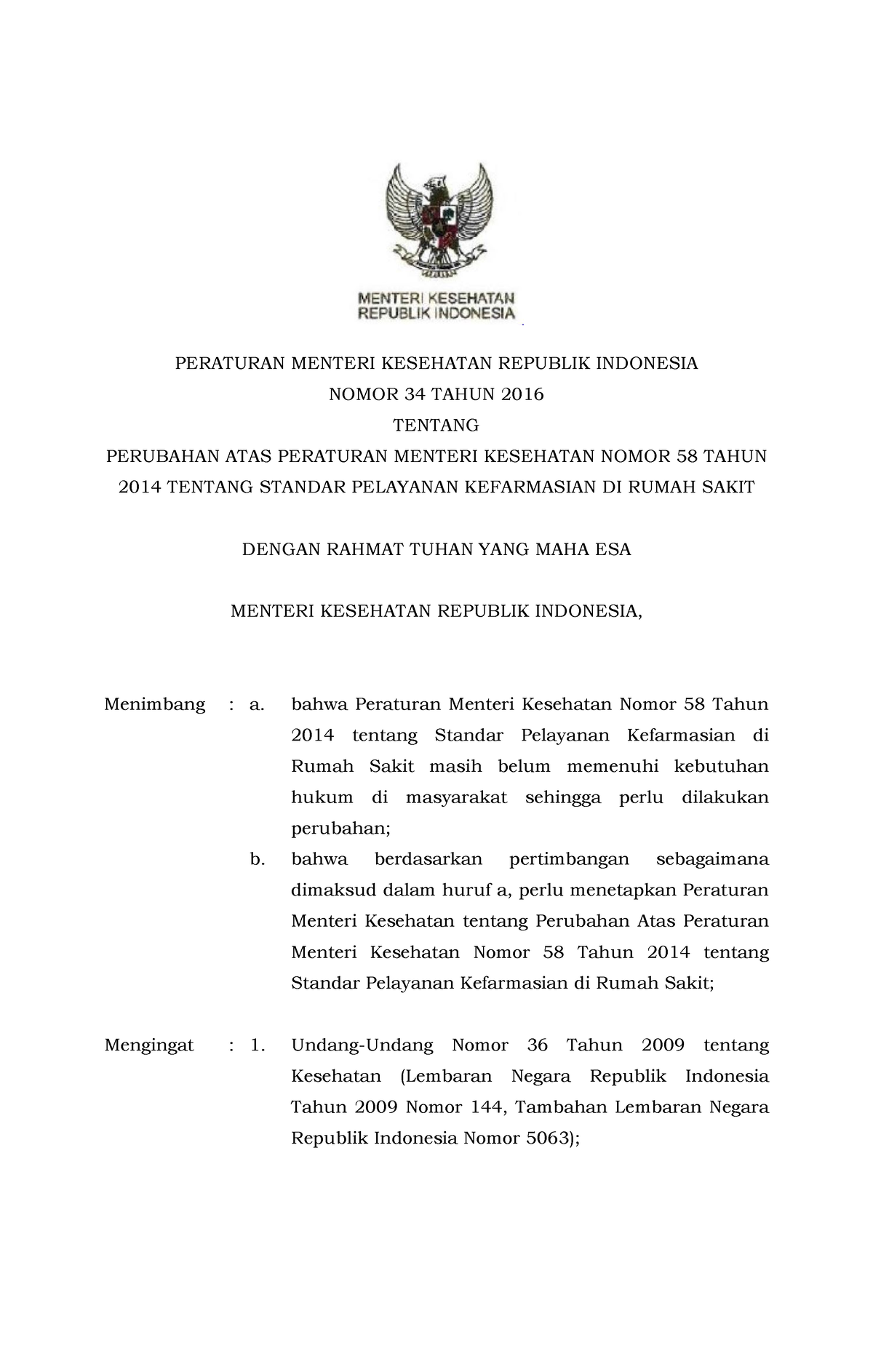 Permenkes Nomor 34 Tahun 2016 - RANCANGAN PERATURAN MENTERI KESEHATAN ...