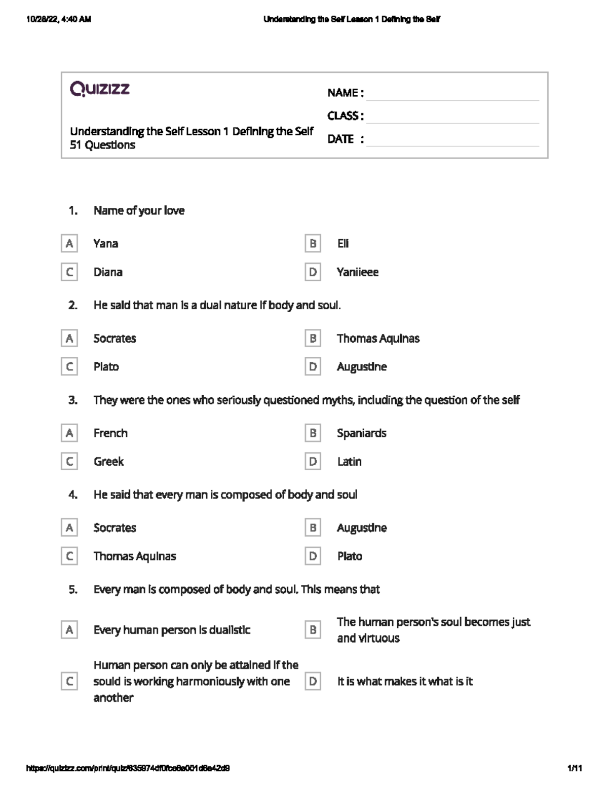 Lesson 1 Reviewer - 4:40 AM Understanding The Self Lesson 1 Defining ...