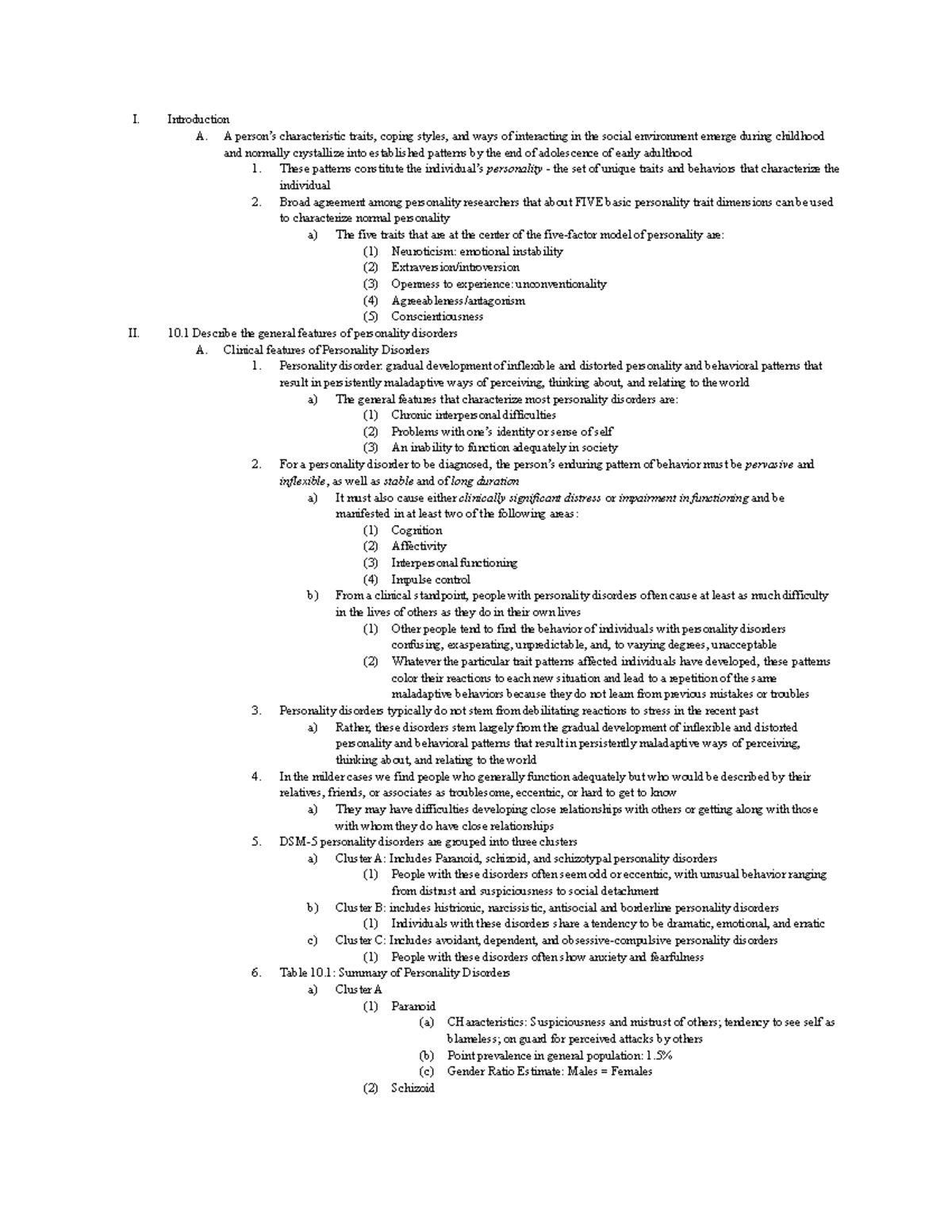 Chapter 10 Personality Disorders - I. II. Introduction A. A person’s ...