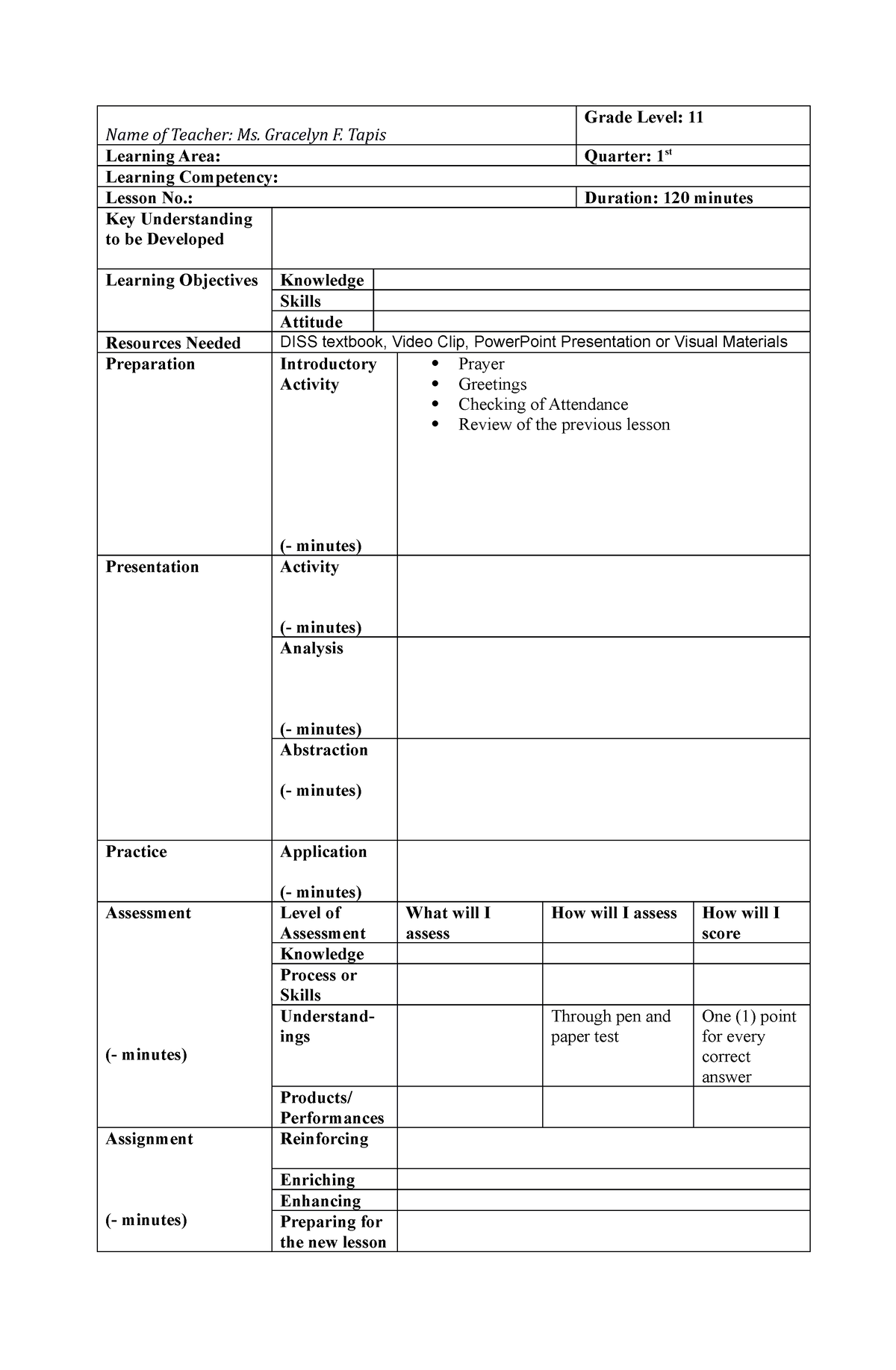 -I-PLAN-template - mgdhnm - Name of Teacher: Ms. Gracelyn F. Tapis ...