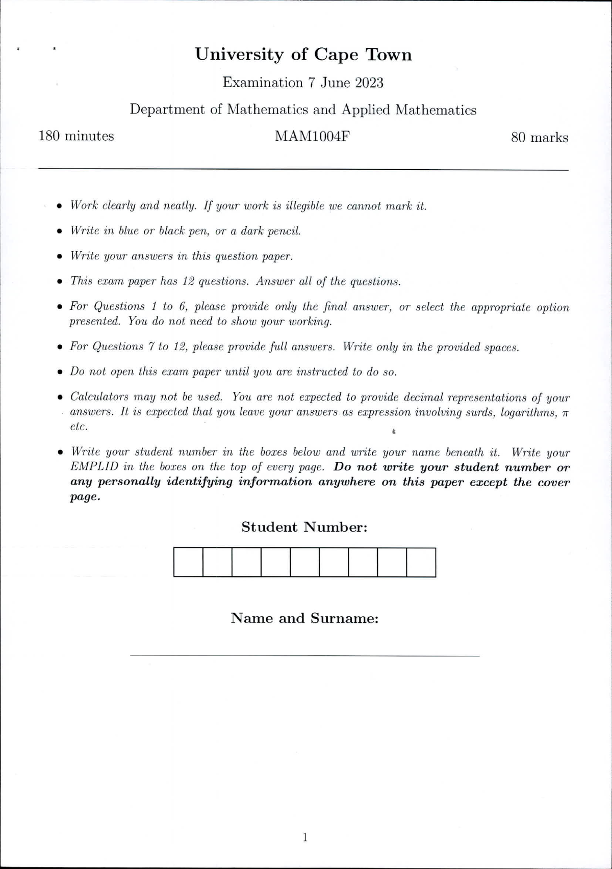 MAM1004F June Exam Solutions - MAM1004F - Studocu