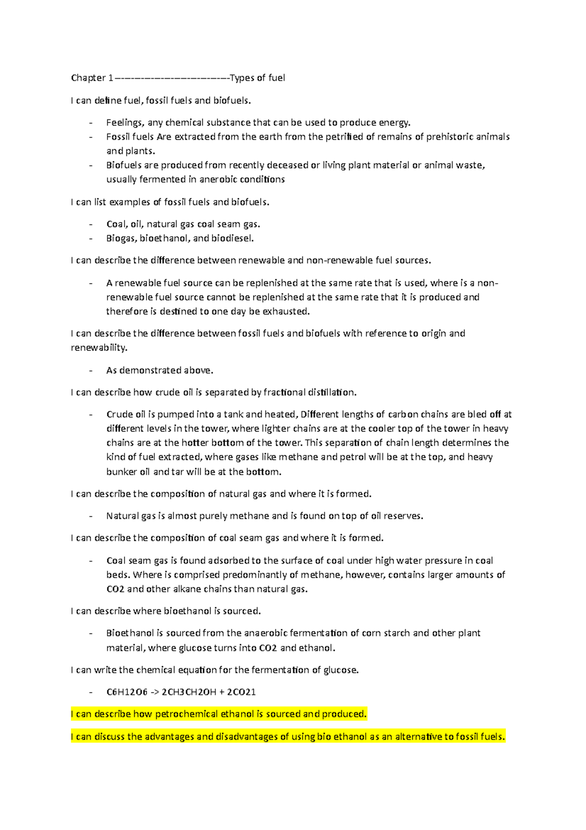 Unit 3 chemistry AOS 1 checklist - Chapter 1-Types of fuel I can define ...