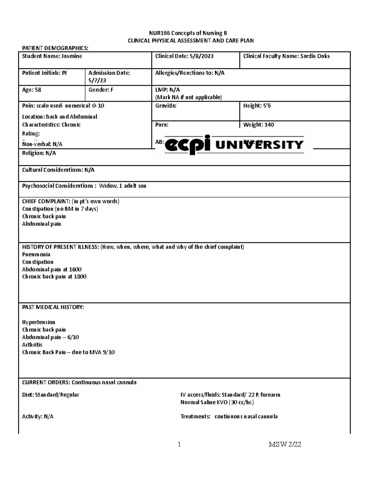 Pearsall Jasmine Nursingcareplan NUR166 Concepts of Nursing II
