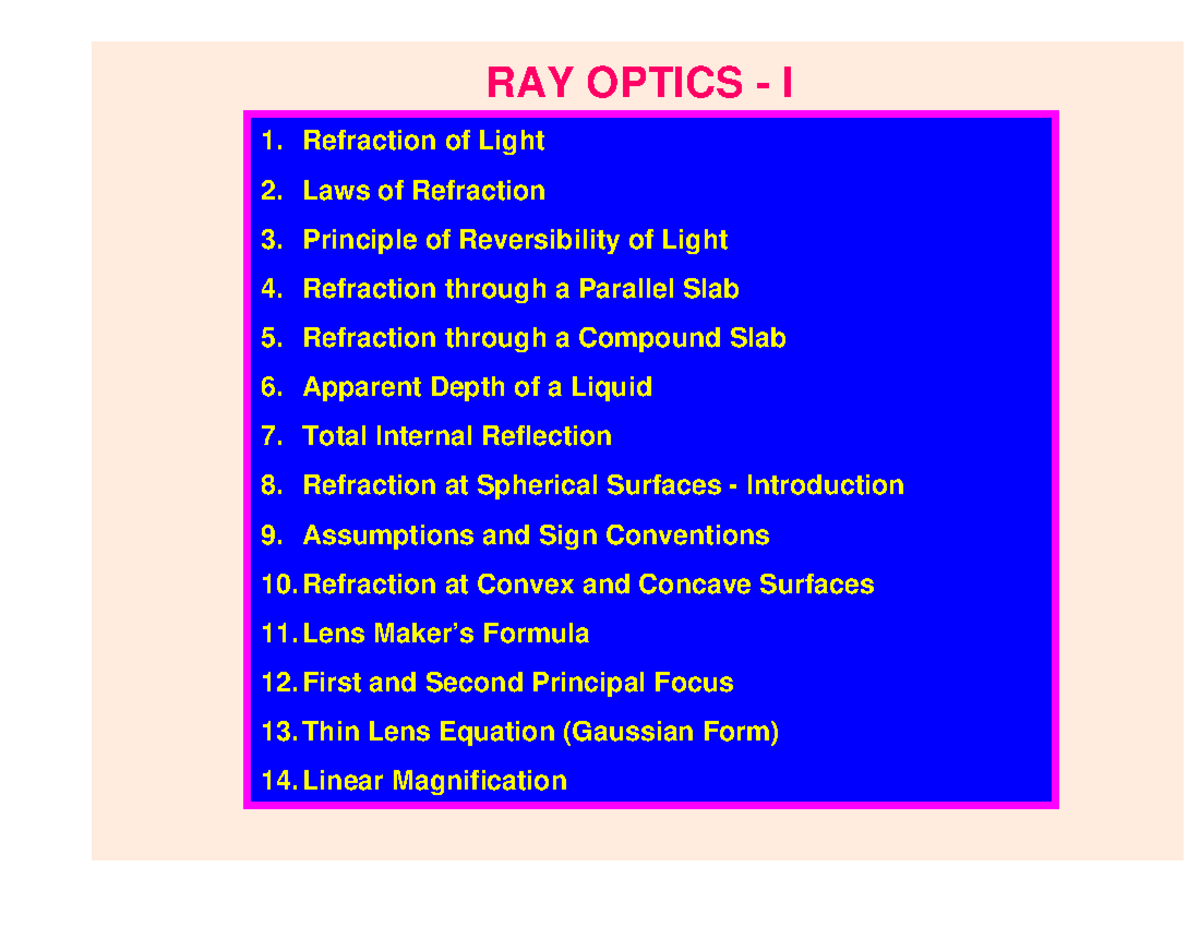 6m optics - RAY OPTICS - I Refraction of Light Laws of Refraction ...
