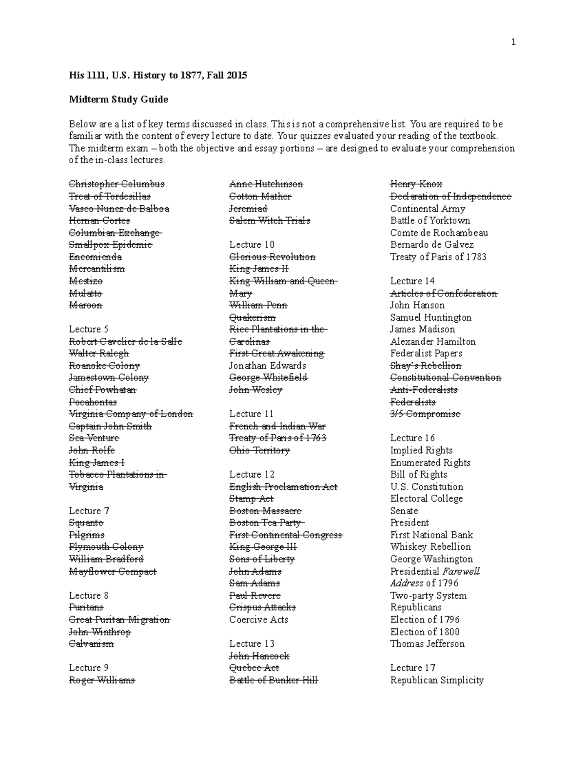 His 1111 - Midterm Study Guide-2 - 1 His 1111, U. History to 1877, Fall ...