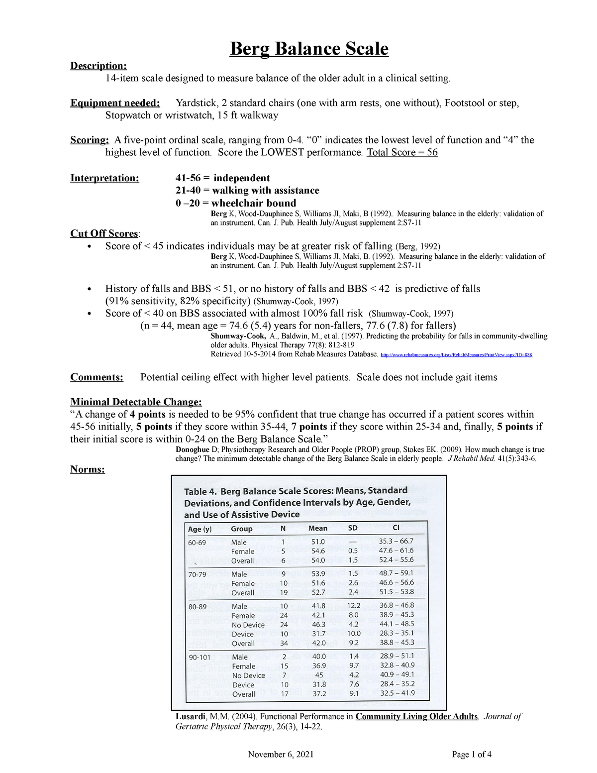 BergBalanceScale summary for clinical posting Berg Balance Scale