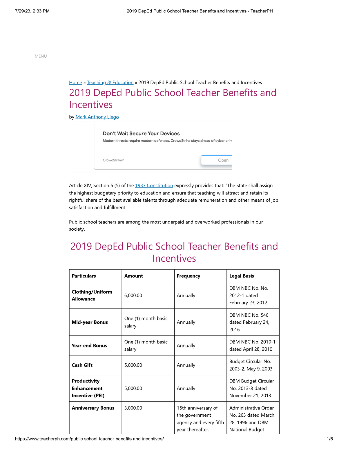 2019 Dep Ed Public School Teacher Benefits and Incentives Teacher PH Home » Teaching & Studocu