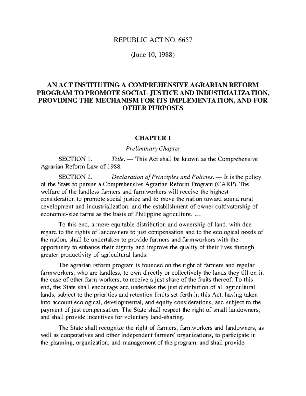 CARL - Laws on Agrarian Reform - REPUBLIC ACT NO. 6657 (June 10, 1988 ...