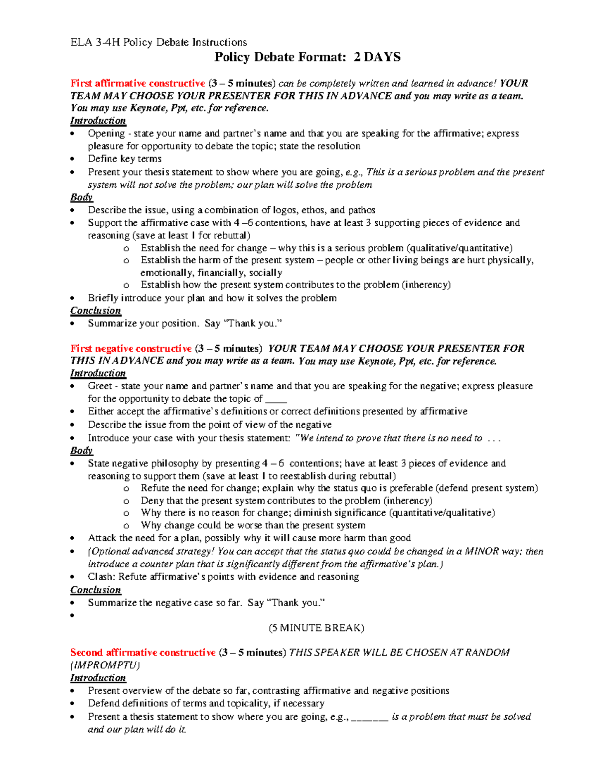 1AC AFF Policy Debate Outline And Guide ELA 3 4H Policy Debate 