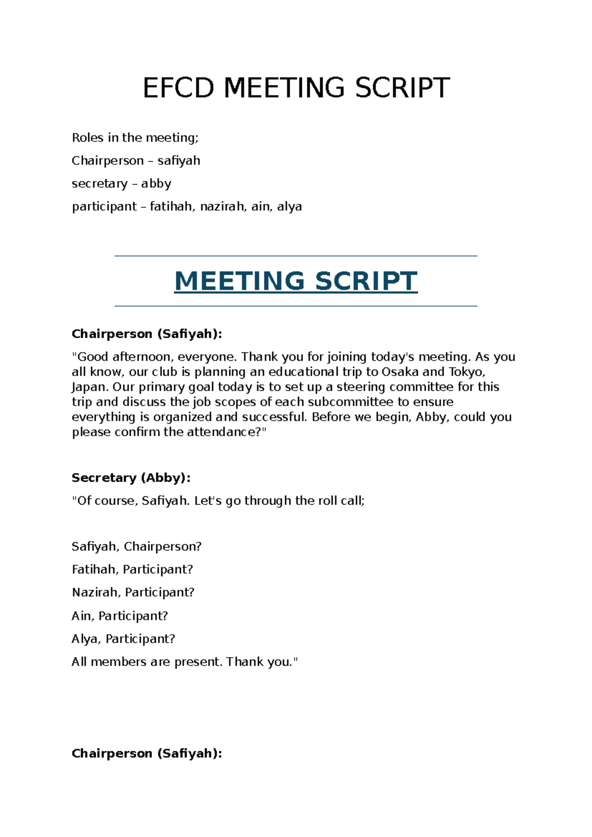 EFCD Meeting Script - EFCD MEETING SCRIPT Roles in the meeting ...