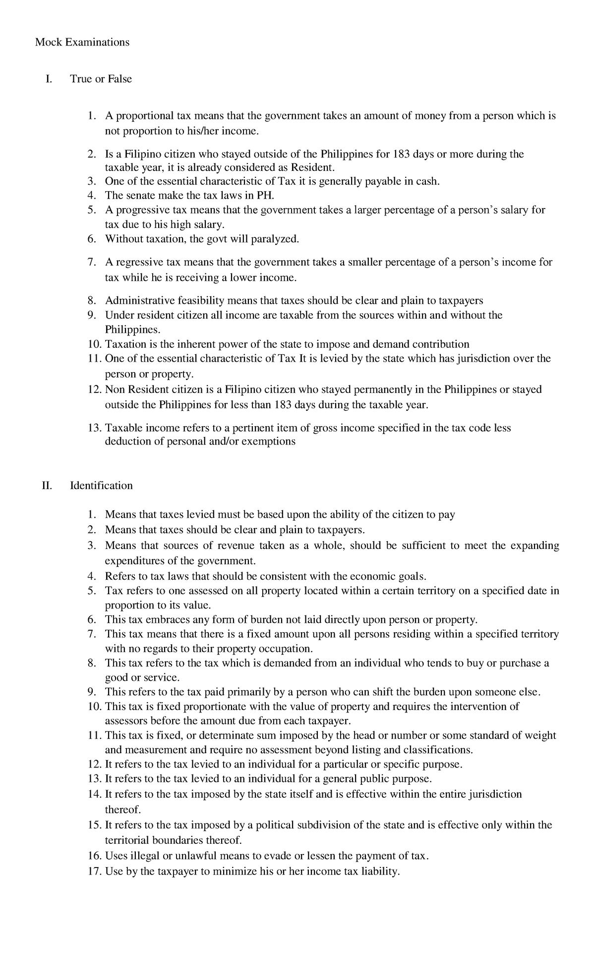 Mock Examinations TXTN 1 - Mock Examinations I. True or False A ...