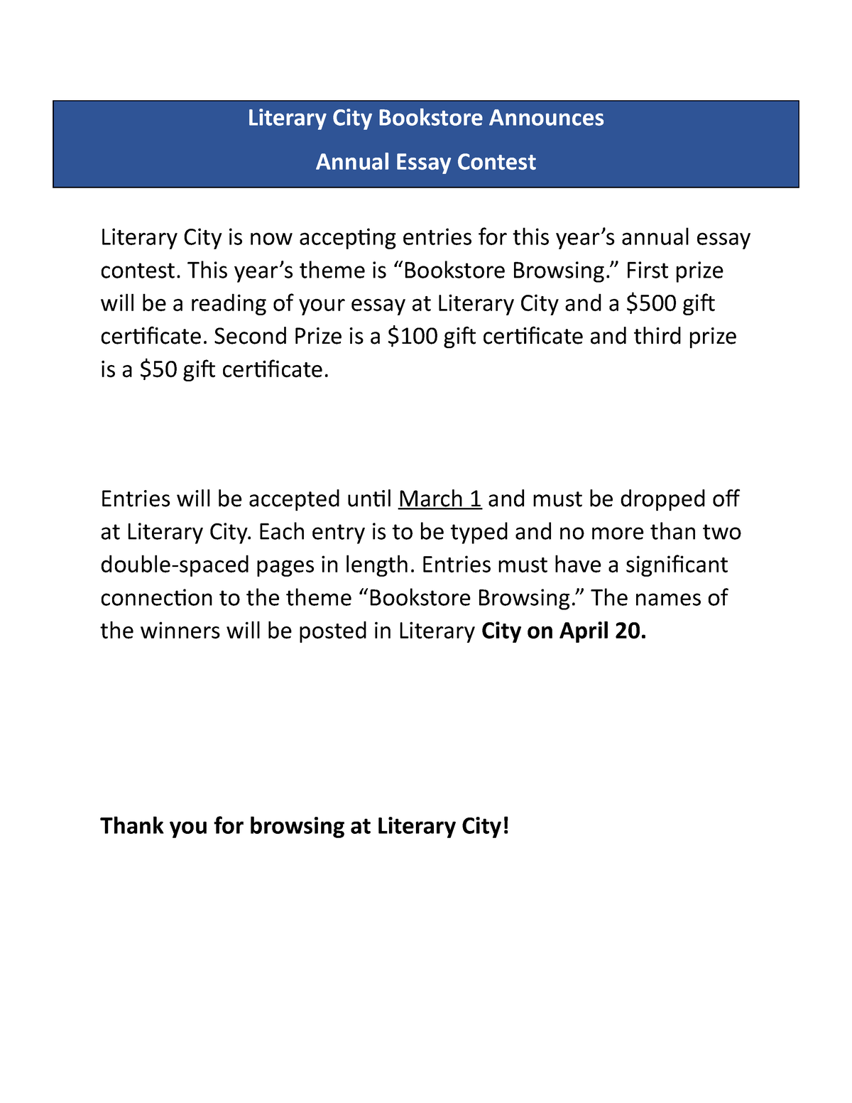 essay for bookstore