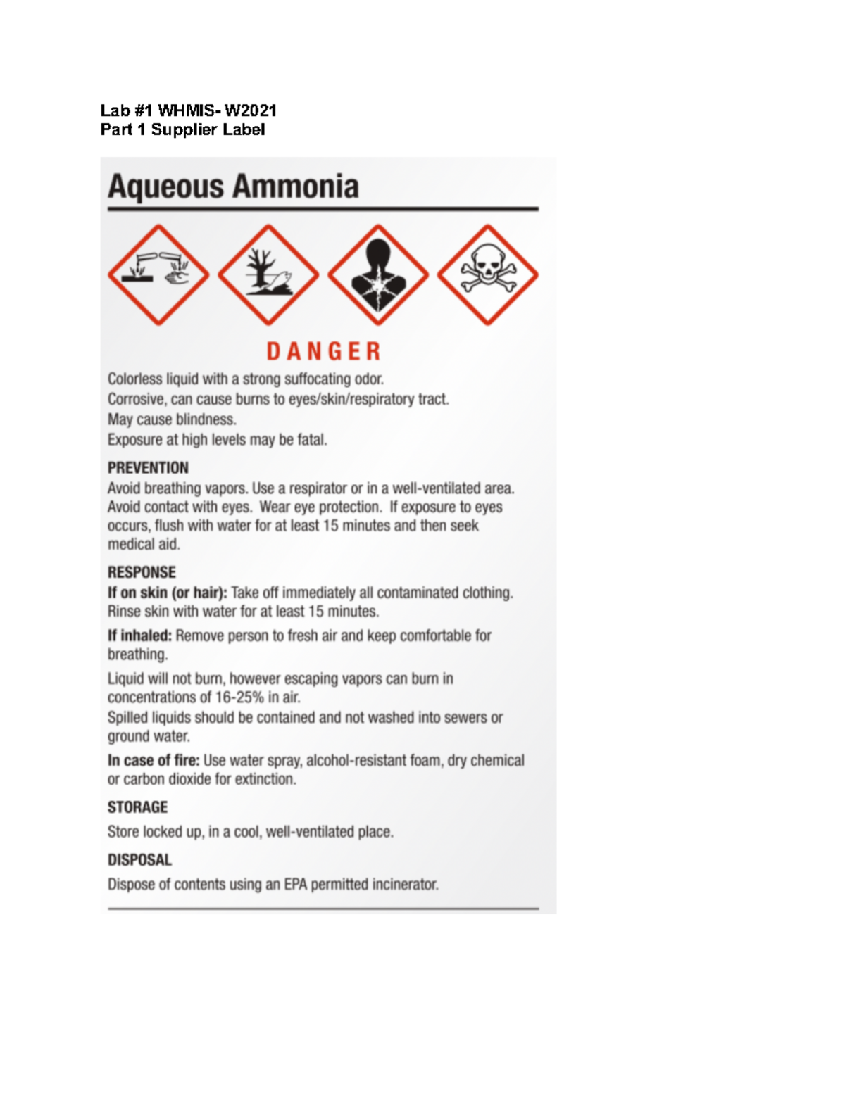 Lab #1 - Chemistry [1121] - Lab #1 WHMIS- W Part 1 Supplier Label ...