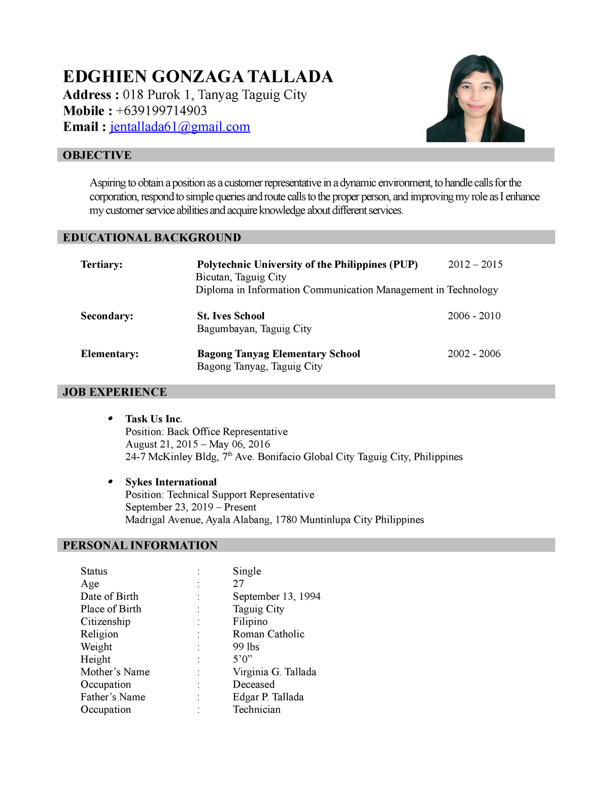 Aaedghientalladaresume - copy - EDGHIEN GONZAGA TALLADA Address : 018 ...