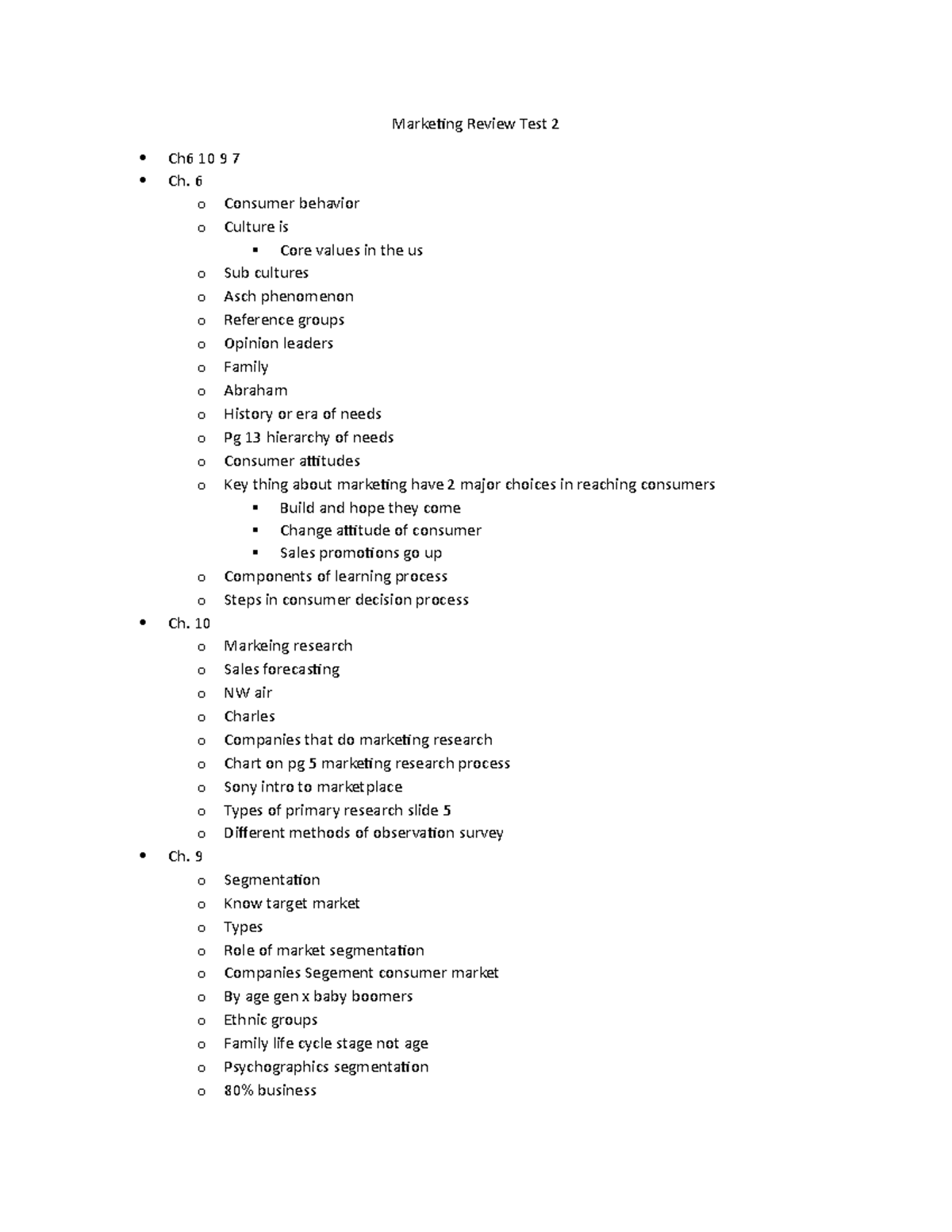 Marketing review 2 - Marketing Review Test 2 Ch6 10 9 7 Ch. 6 o ...