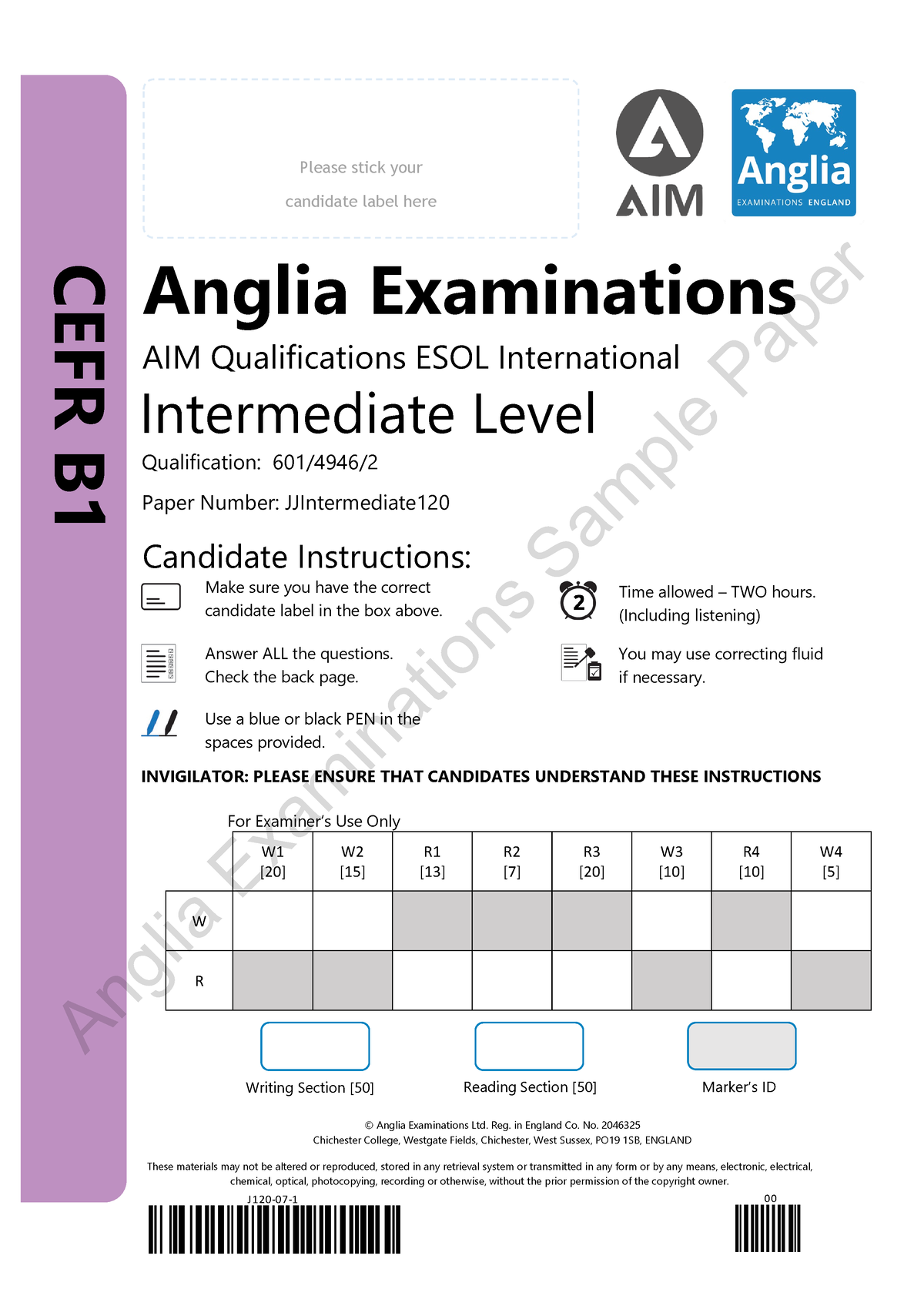 7. Intermediate Template Practice English B1 - For Examiner’s Use Only ...