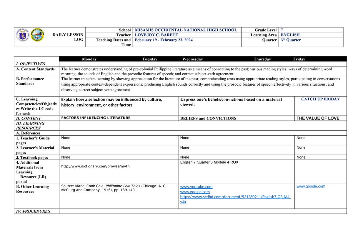 3rd Q DLL LC-3and4 - Lesson Plan For Grade 7 - DAILY LESSON LOG School ...