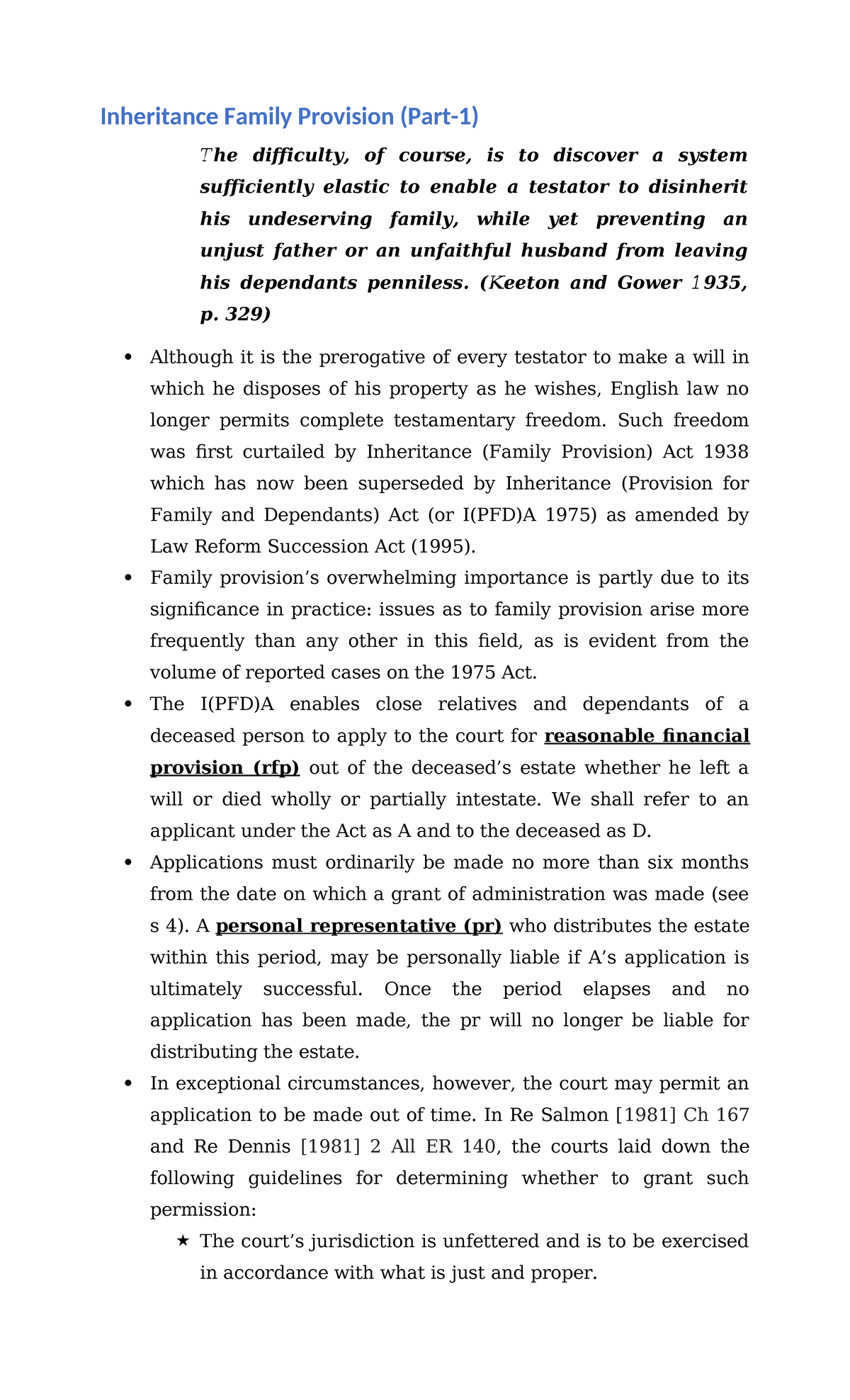 Inheritance Family Provision - (Keeton and Gower 1935, p. 329) Although ...
