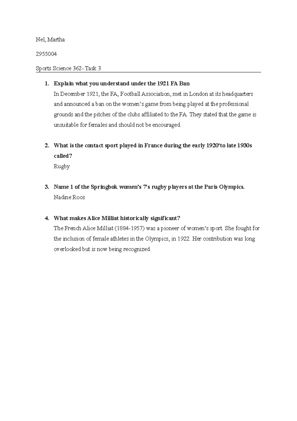 Womans rugby task - Nel, Martha 2955004 Sports Science 362- Task 3 1 ...