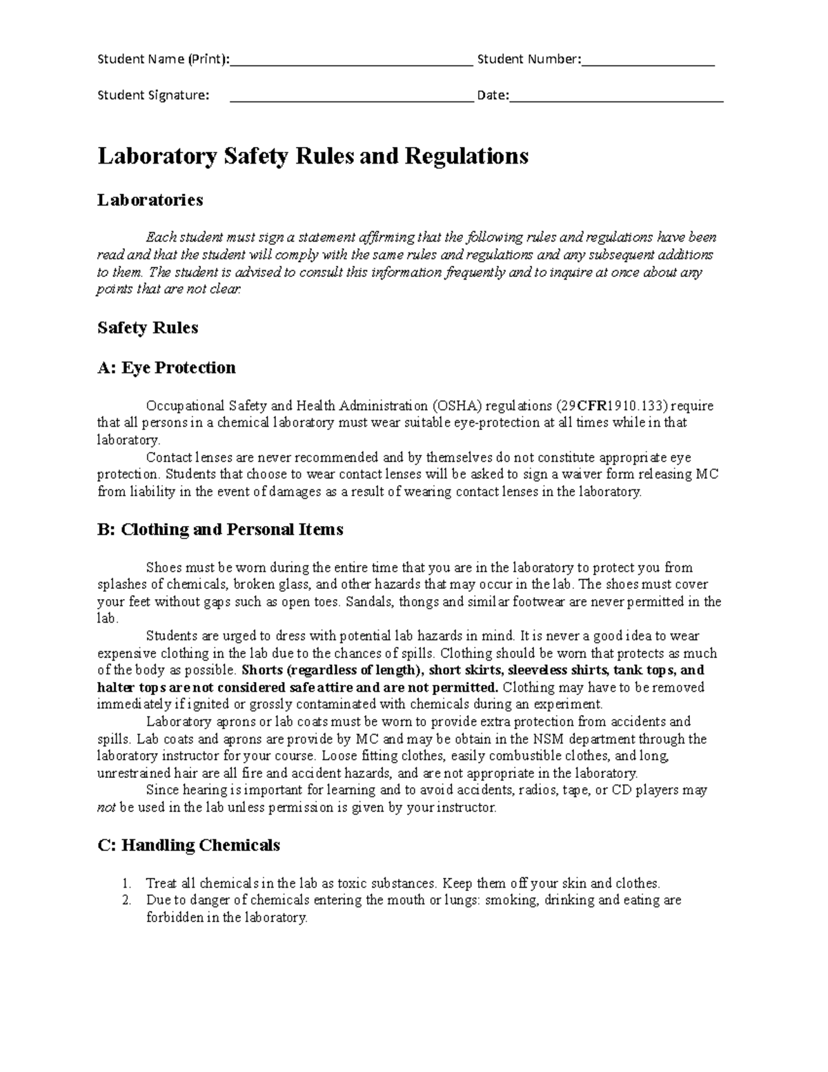 MC Laboratory Safety Rules and Regulations Student Name (Print