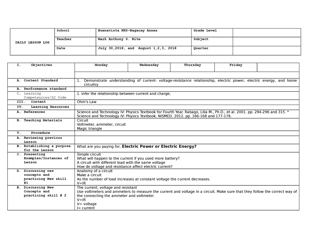 Electricity session 1 - sample activity - DAILY LESSON LOG School ...