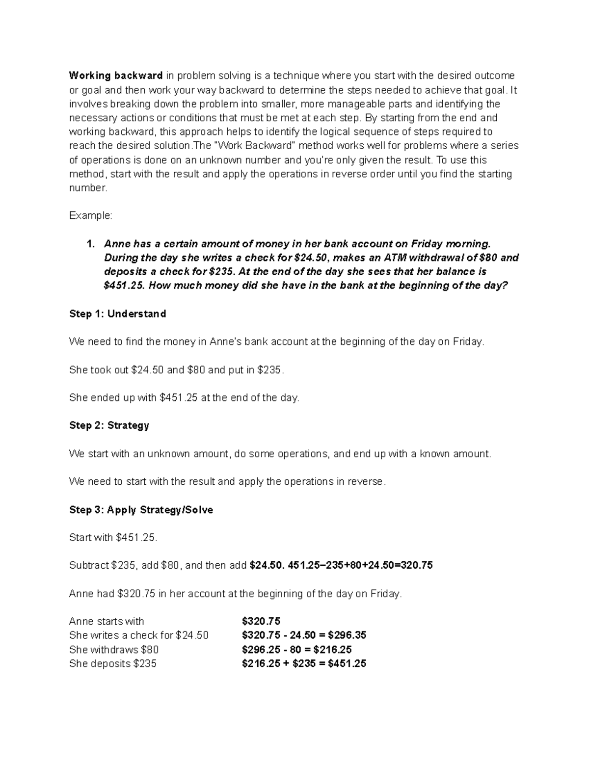 Working backward info - MAth - Working backward in problem solving is a ...