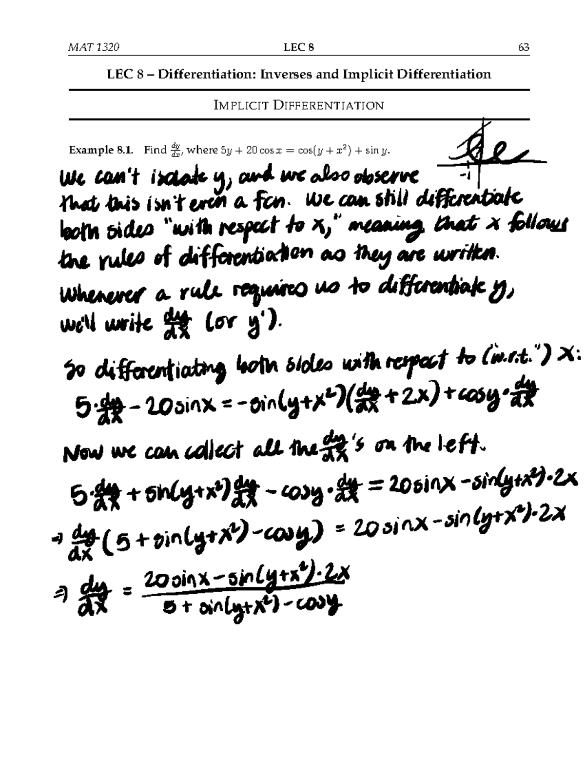 MAT 1320 Lecture 8 Filled-2 - MAT 1320 LEC 8 63 LEC 8 – Differentiation ...