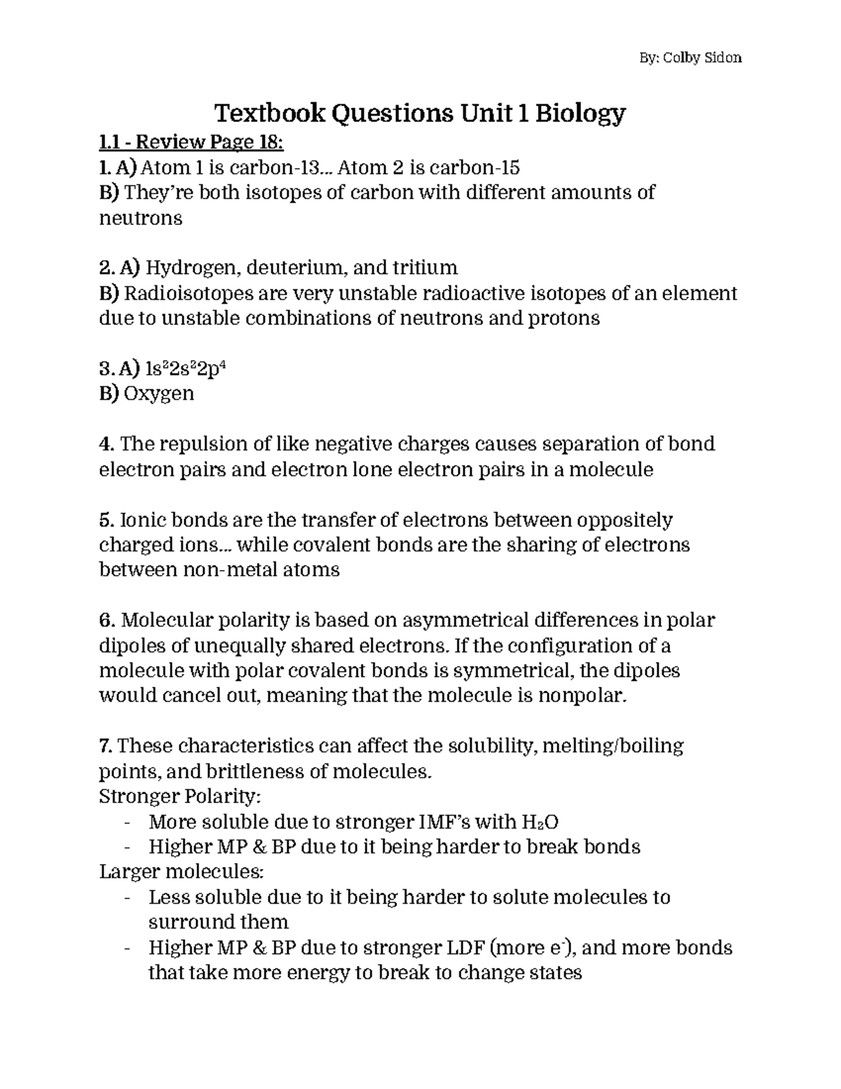 Textbook Unit 1 Biology - Textbook Questions Unit 1 Biology 1 - Review 