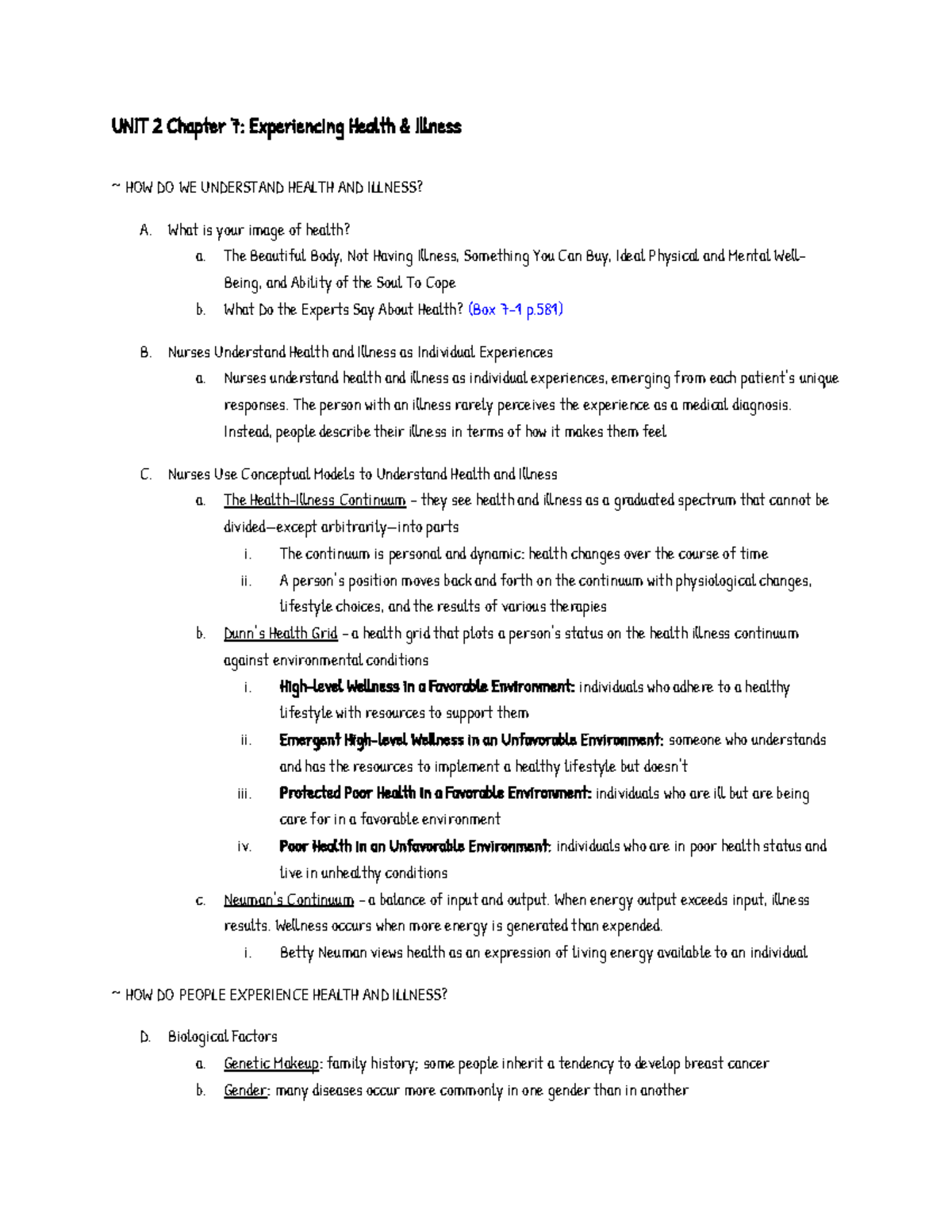 NRS 104 Notes 7 - UNIT 2 Chapter 7: Experiencing Health & Illness ~ HOW ...