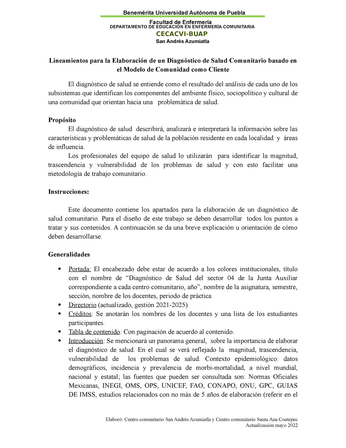 14. Lineamientos para la Elaboración de un Diagnóstico de Salud Comunitario  basado en el Modelo de - Studocu