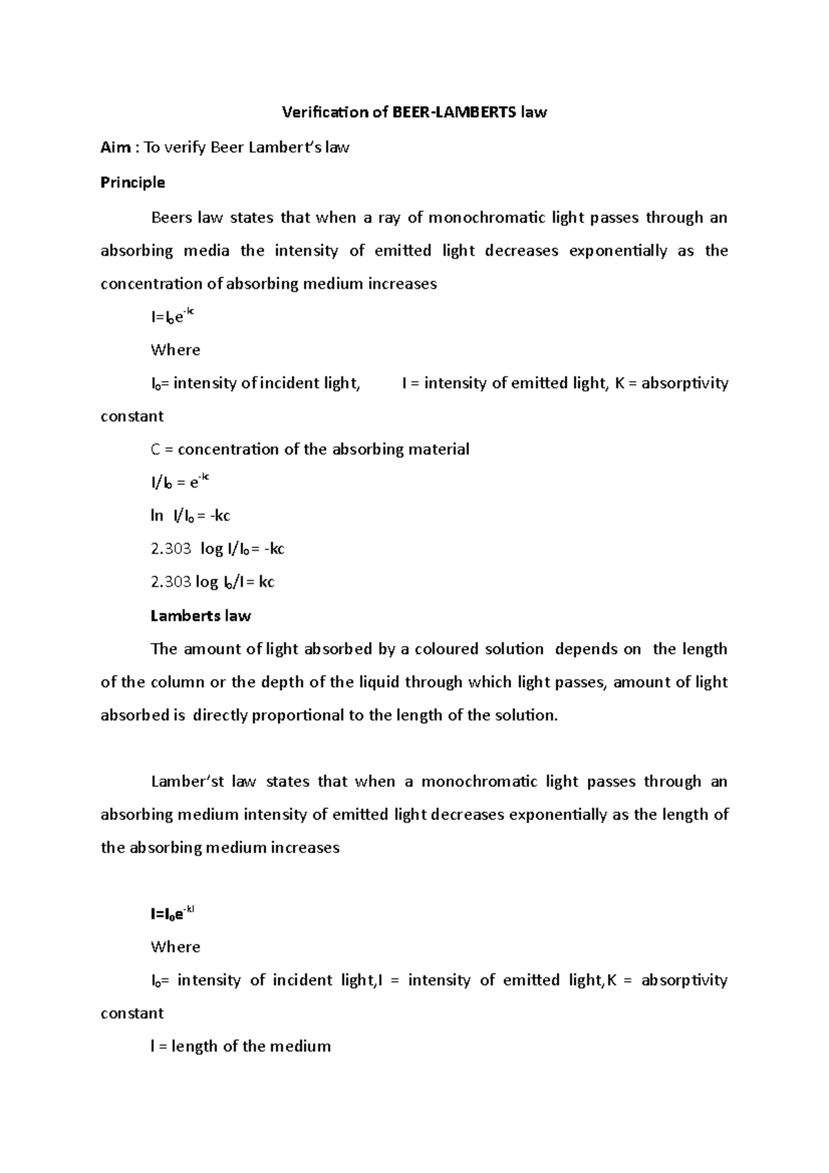 Verification of BEER Lamberts LAW Verification of BEERLAMBERTS law Aim To verify Beer