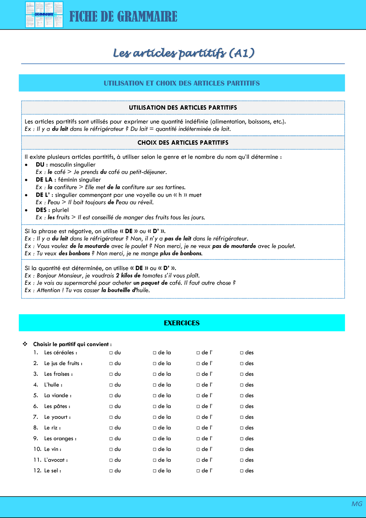 Articles-partitifs Y Otros Recursos - FICHE DE GRAMMAIRE MG Les ...