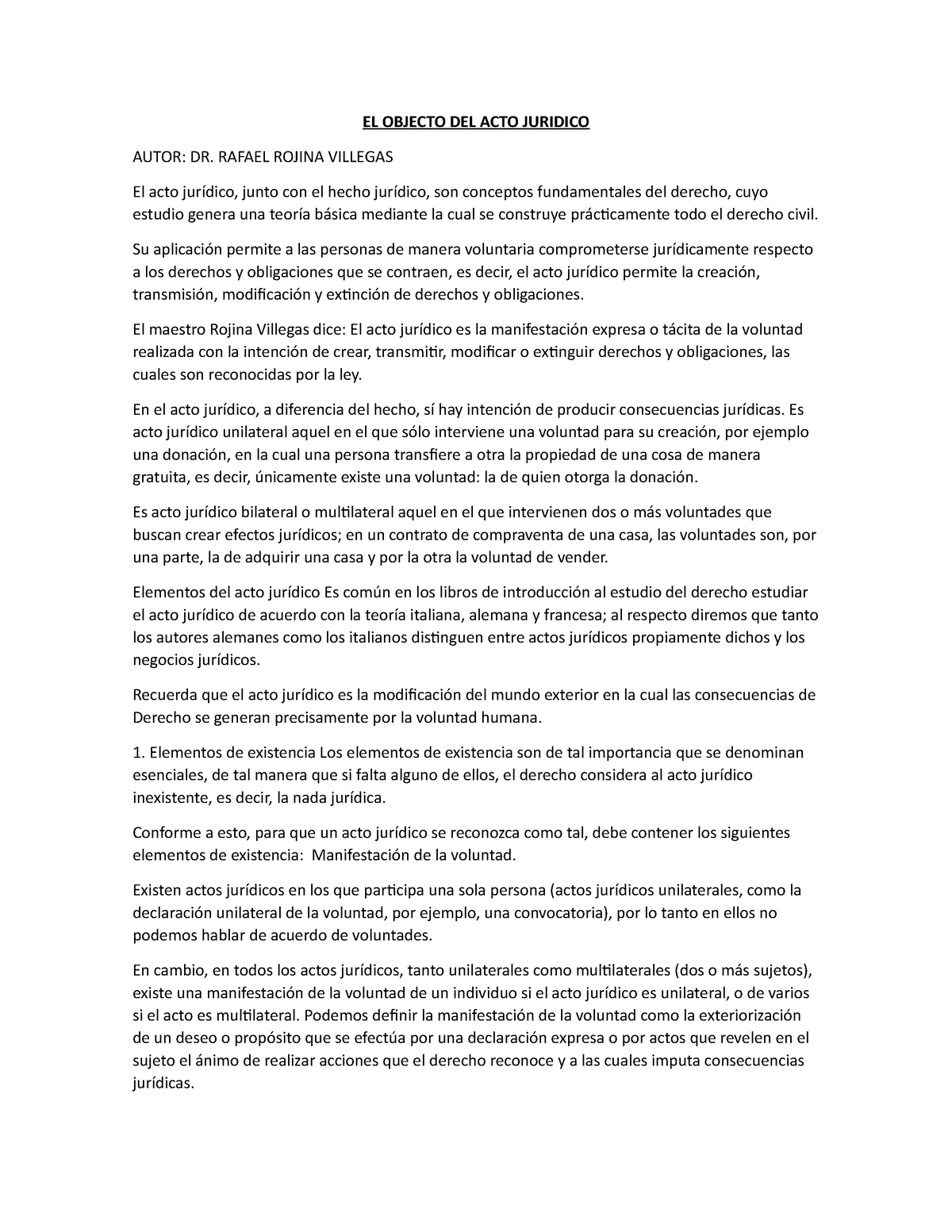 Objecto DEL ACTO Juridico ( Rafael Rojina Villegas) - EL OBJECTO DEL ...