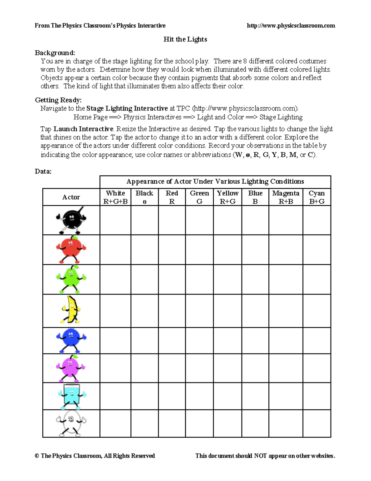 Hit The Lights Activity sheet and practice materials From The Physics Classroom’s Physics
