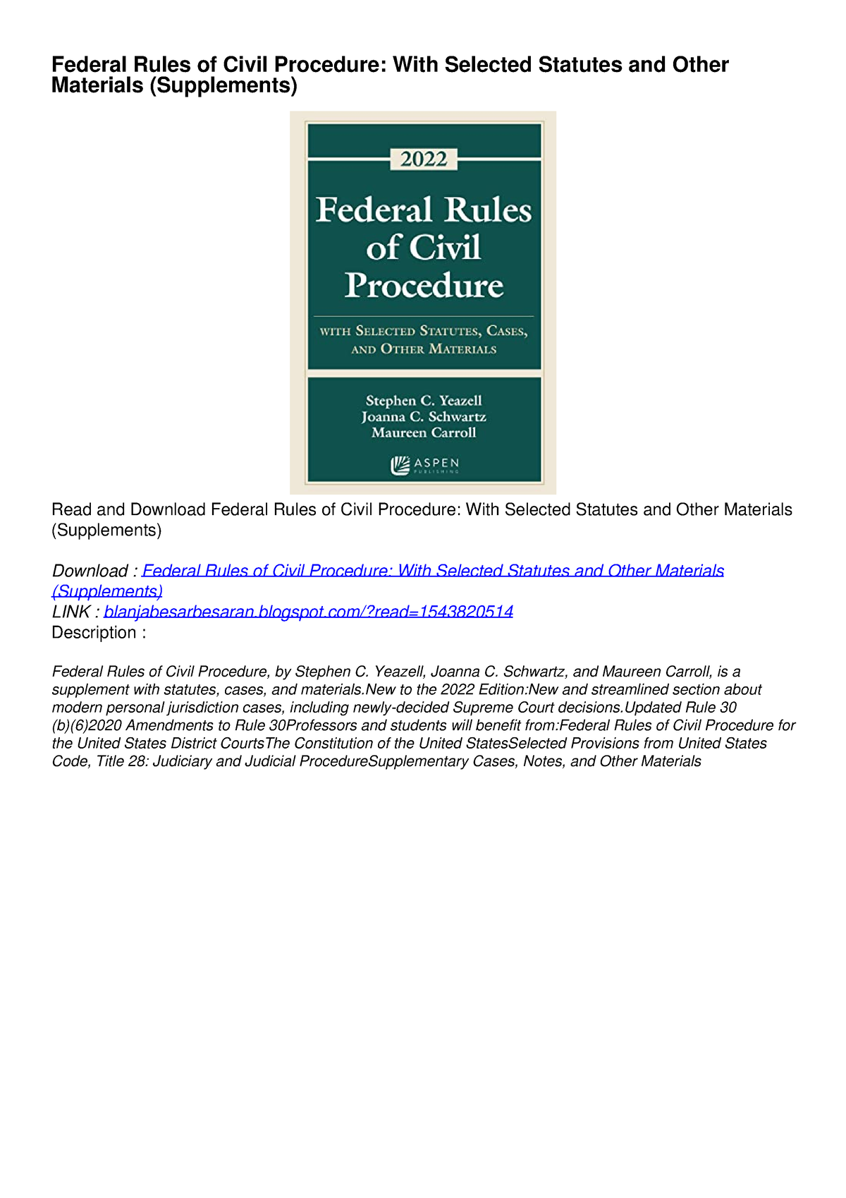 PDF BOOK DOWNLOAD Federal Rules Of Civil Procedure: With Selected ...