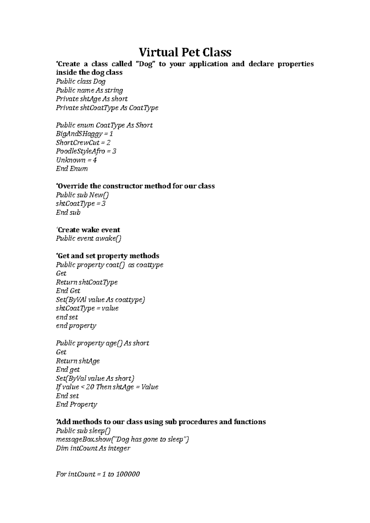 Virtual Pet Class qqq Virtual Pet Class ‘Create a class called “Dog