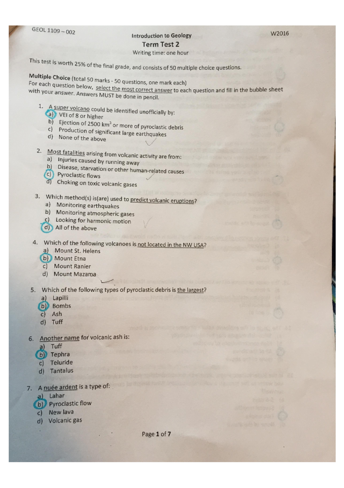 Exam March 2016, questions and answers - W2016 r GEOL 1109 002 ...