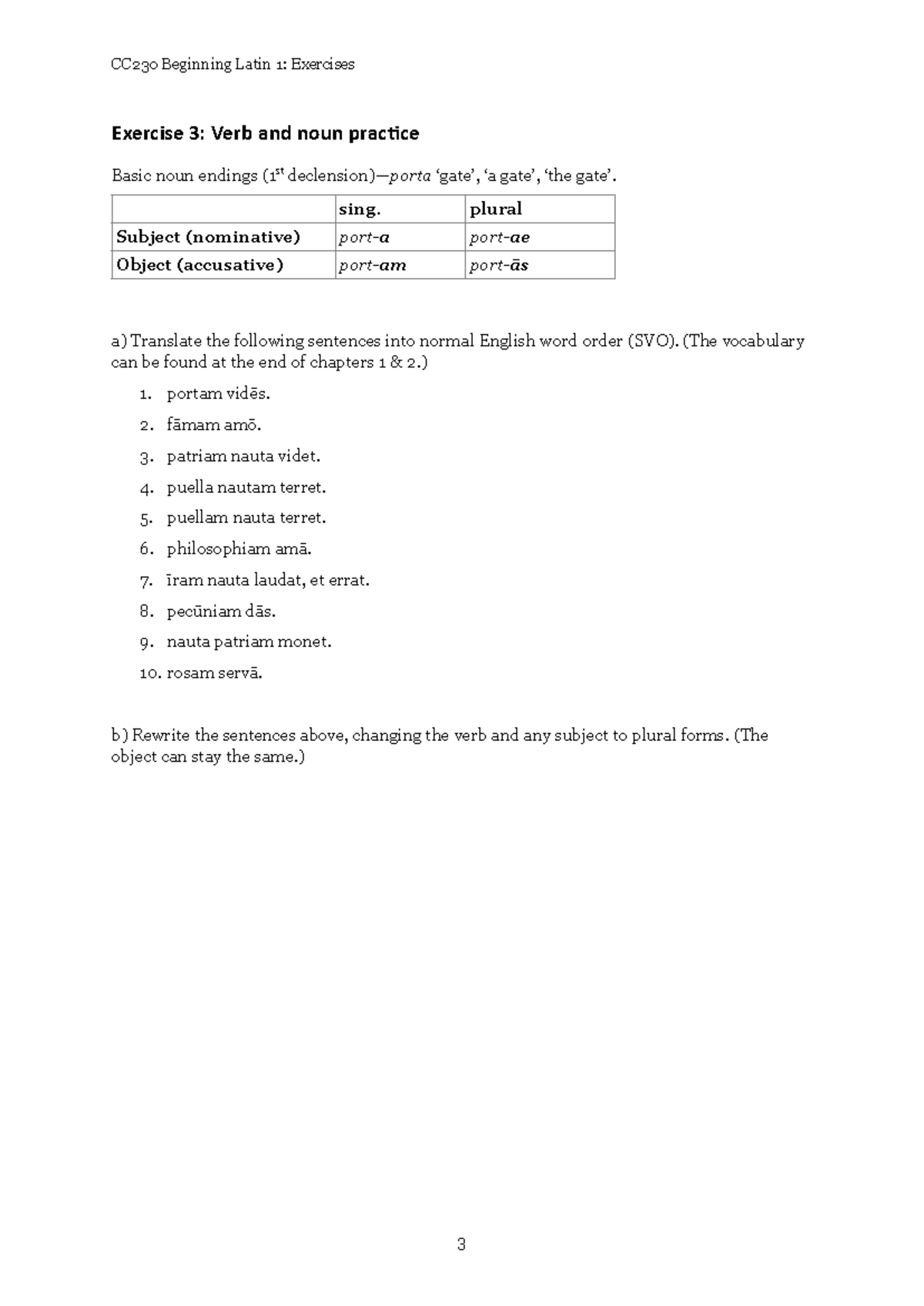 CC230 Exercise 03 Verb and noun practice - CC230 Beginning Latin 1 ...