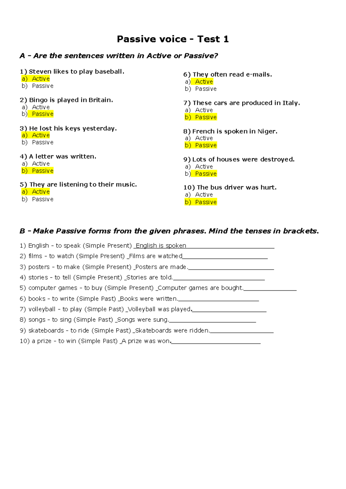 Passive Voice TEST - práctica de inglés - Passive voice - Test 1 A ...