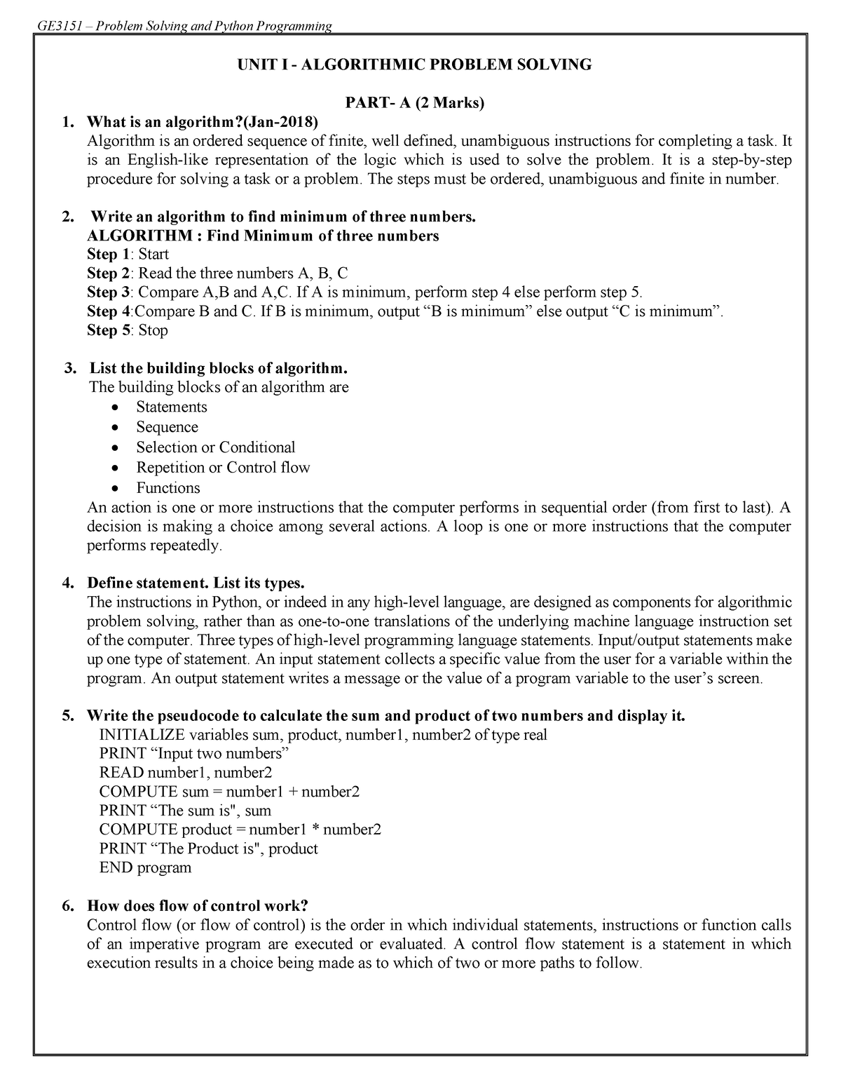 GE3151 Python Question Bank - UNIT I - ALGORITHMIC PROBLEM SOLVING PART ...