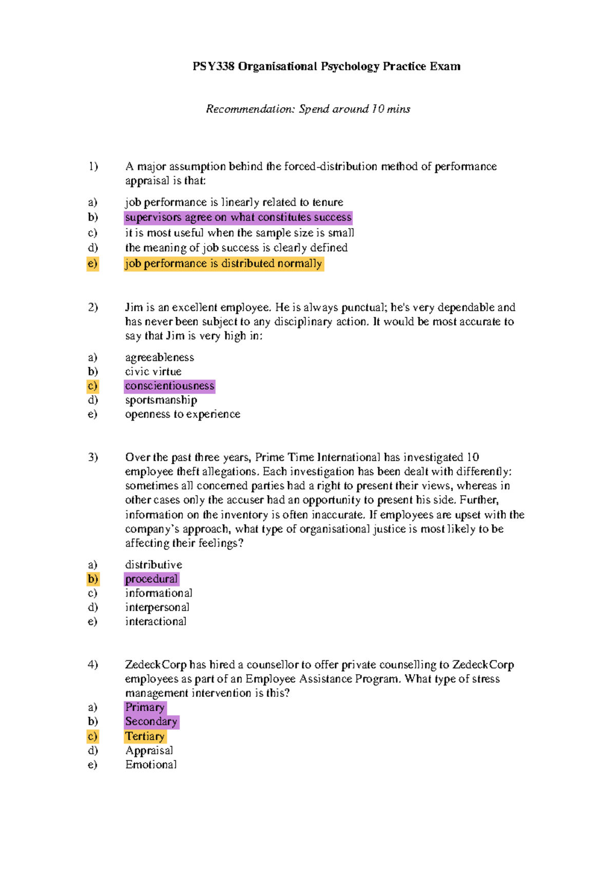 EXAM 2018, questions and answers PSY338 Organisational Psychology